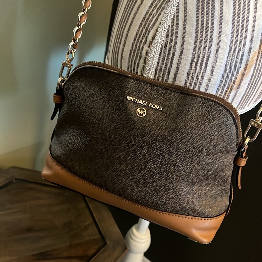 Michael Kors, Dark Brown and Tan Crossbody Bag, gold tone details - Picture 11 of 13
